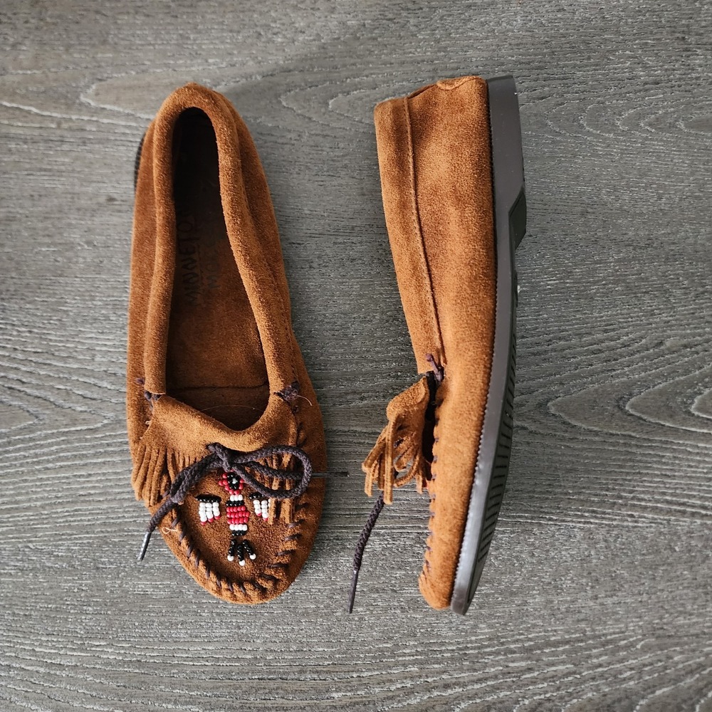 Minnetonka Thunderbird Boat Moccasins Shoes 173 8 Brown Suede Beaded Fringe Boho